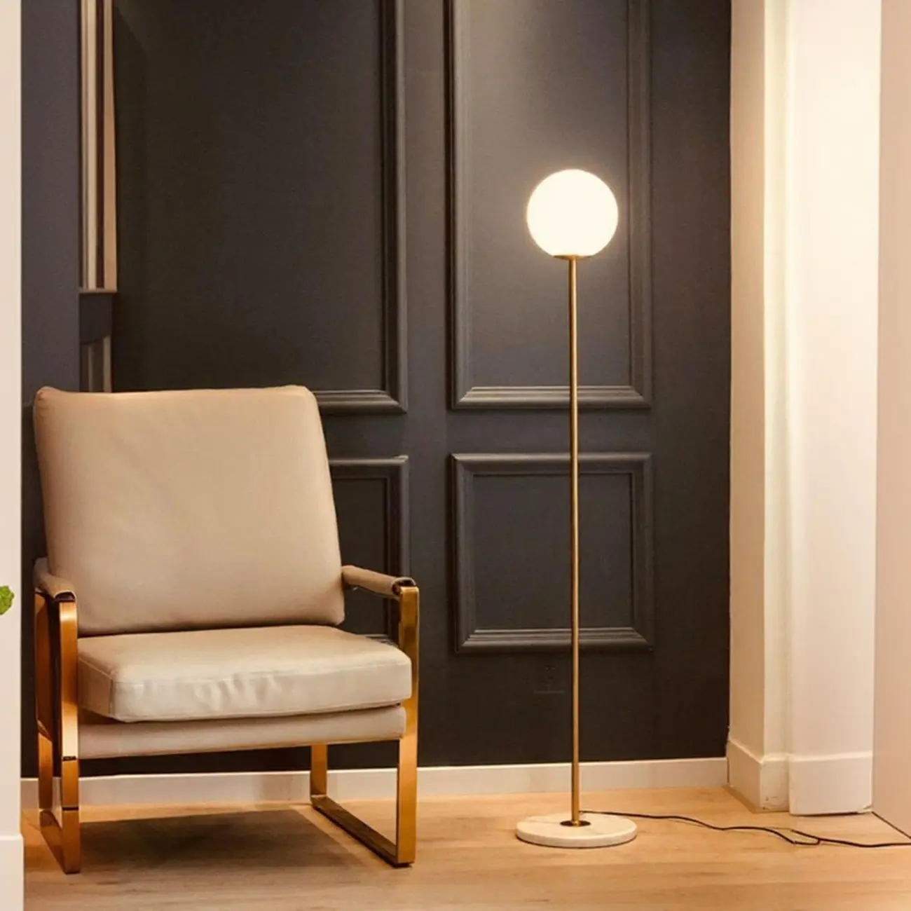 Minimalist Gold Floor Lamp with Glass Shade and Marble Base Image - 1 | homeyfad