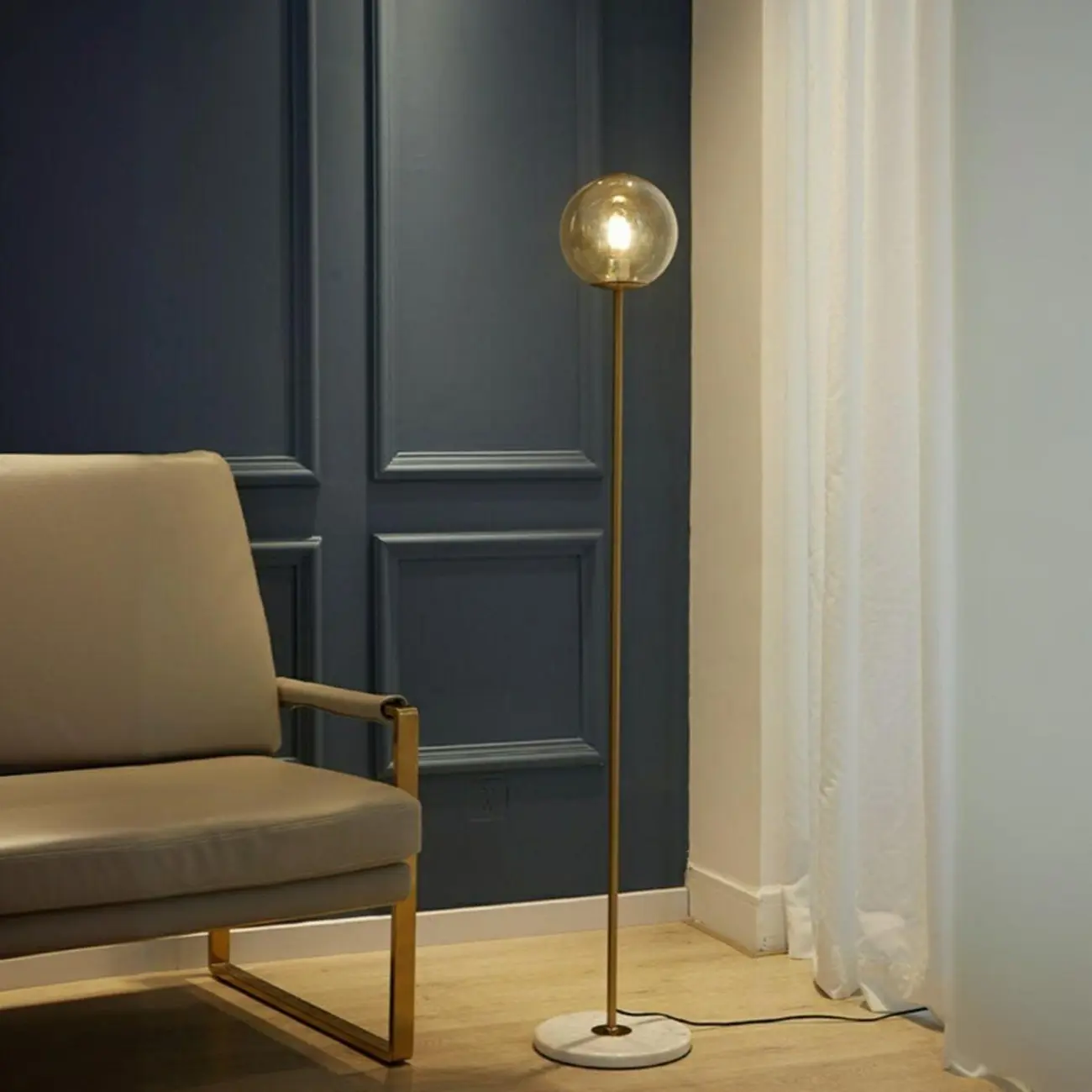 Minimalist Gold Floor Lamp with Glass Shade and Marble Base Image - 3 | homeyfad