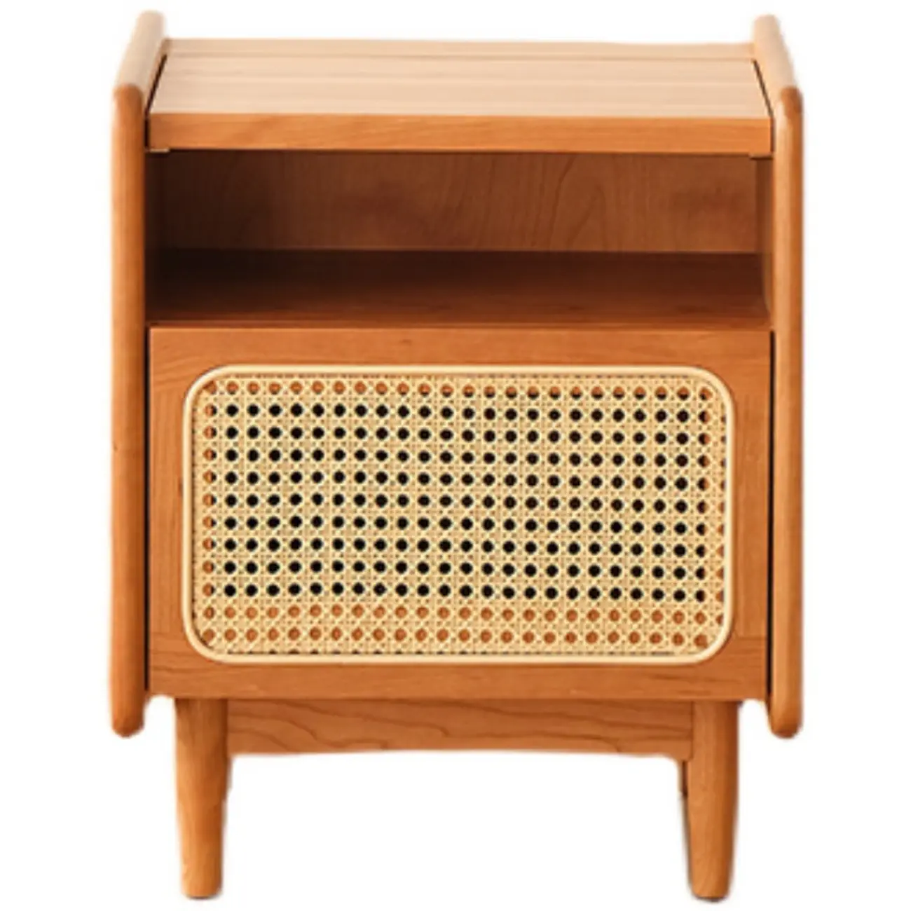 Rustic Wood Bedside Table with Rattan Drawer and Open Storage Image - 5 | homeyfad