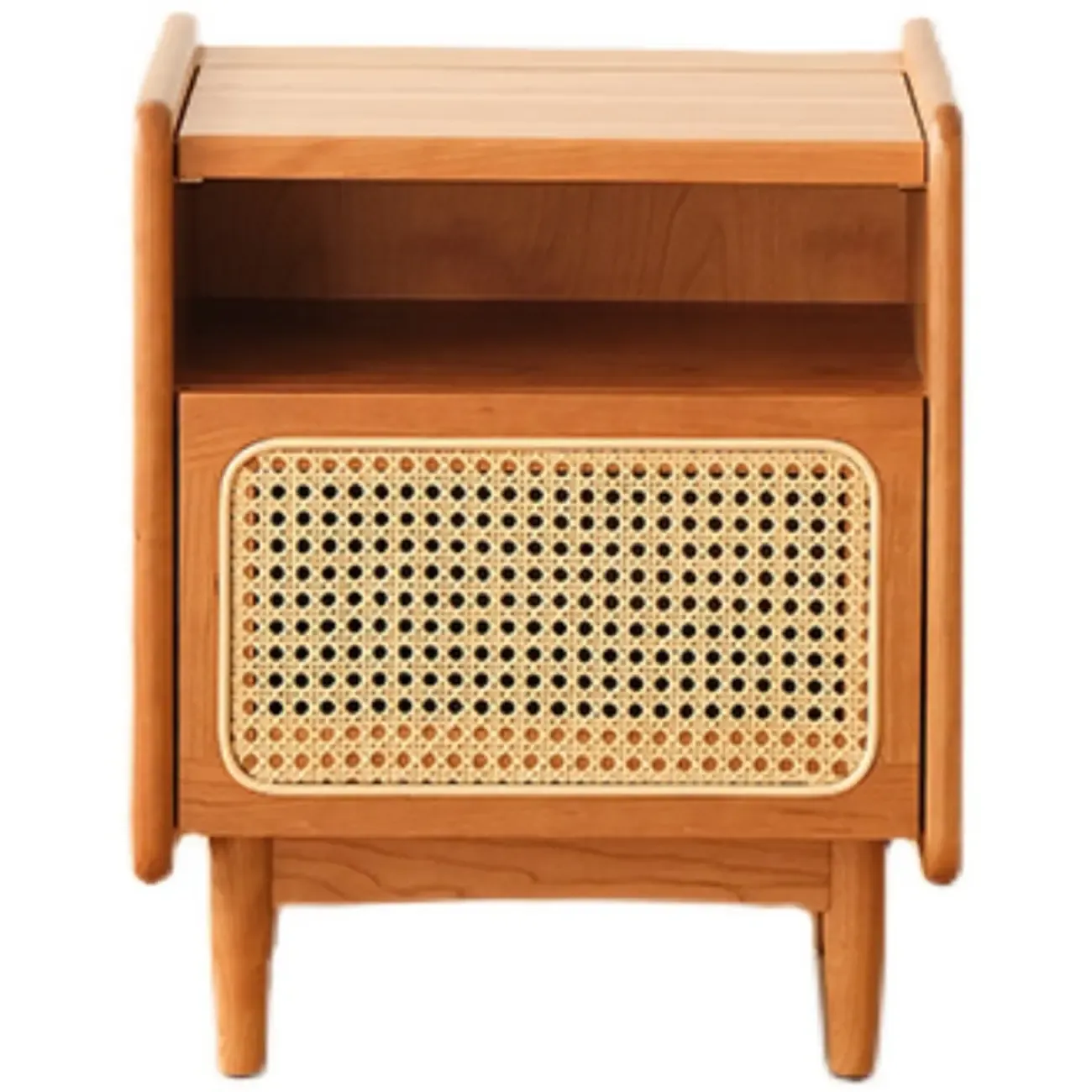 Rustic Wood Bedside Table with Rattan Drawer and Open Storage Image - 5