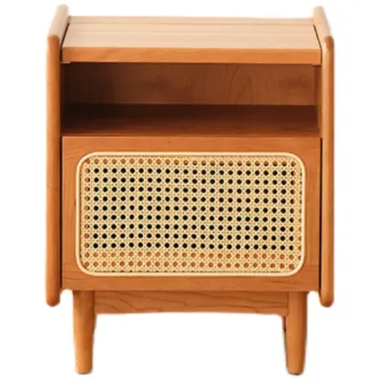 Rustic Wood Bedside Table with Rattan Drawer and Open Storage Image - 5