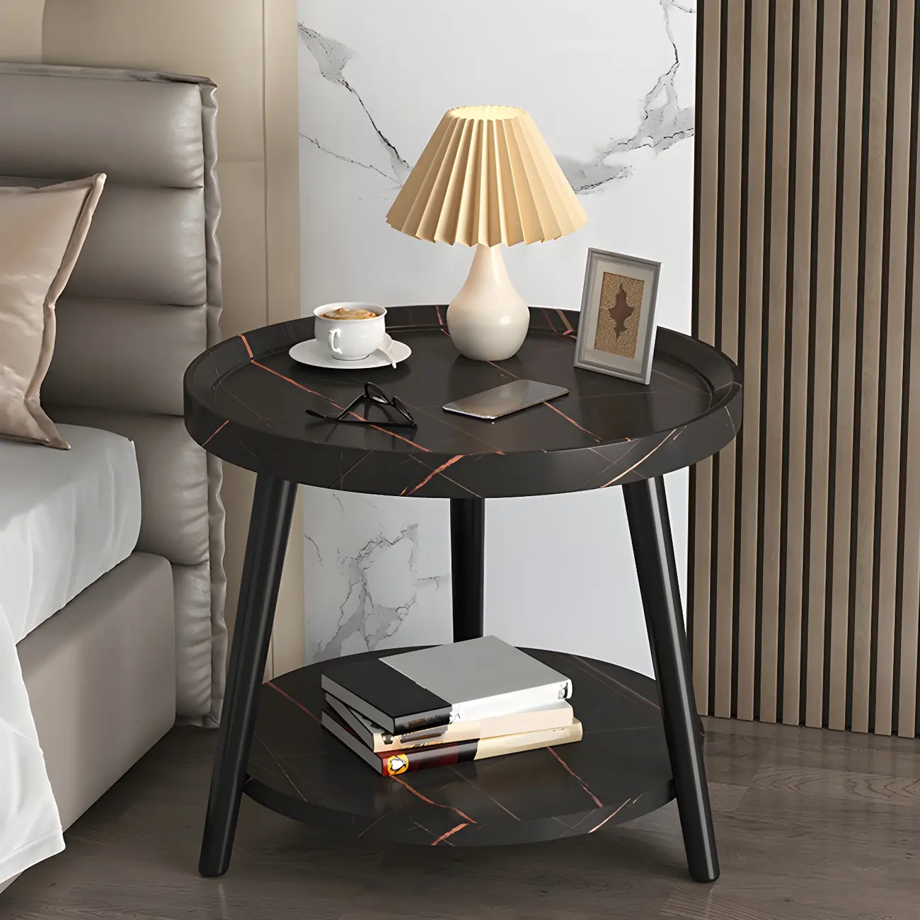 Natural Wooden Round Bedside Table with Open Storage Image - 16 | homeyfad