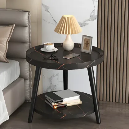 Natural Wooden Round Bedside Table with Open Storage Image - 16