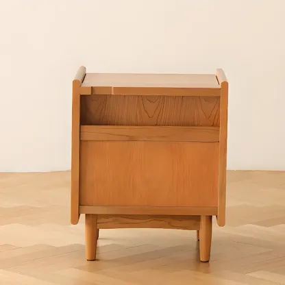 Rustic Wood Bedside Table with Rattan Drawer and Open Storage Image - 6