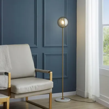 Minimalist Gold Floor Lamp with Glass Shade and Marble Base Image - 5