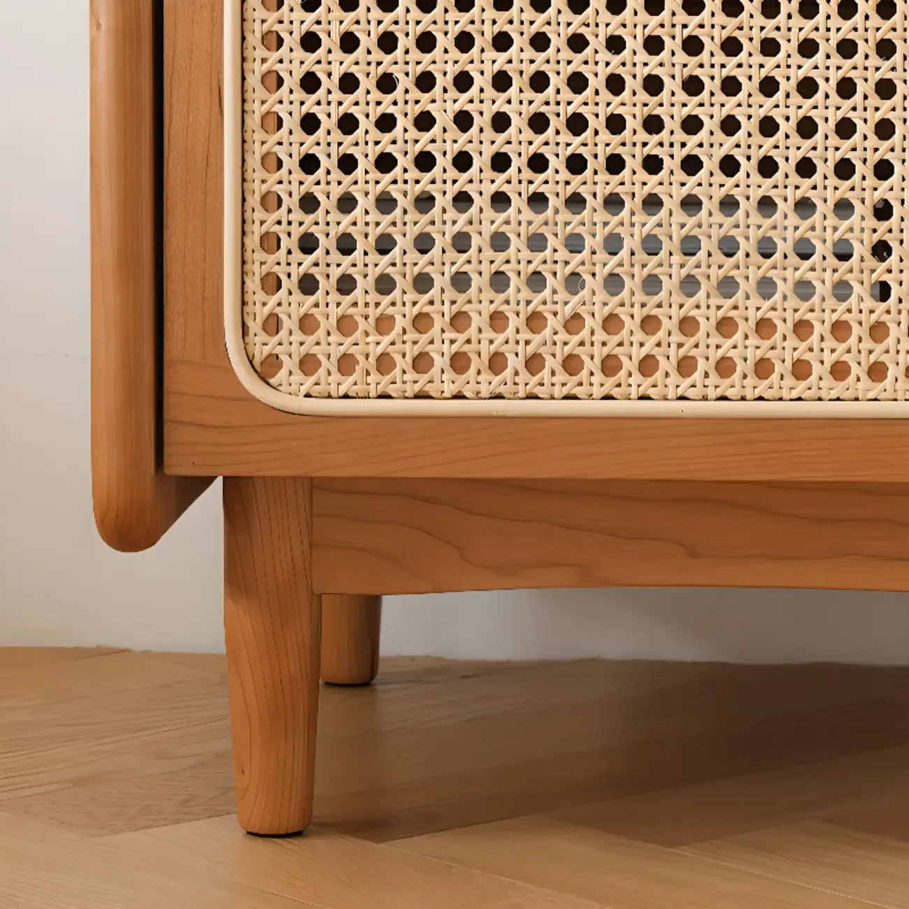 Rustic Wood Bedside Table with Rattan Drawer and Open Storage Image - 7