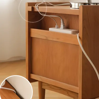 Rustic Wood Bedside Table with Rattan Drawer and Open Storage Image - 8