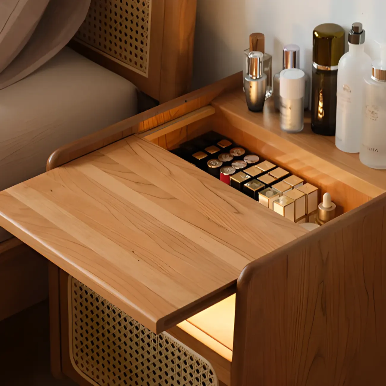 Rustic Wood Bedside Table with Rattan Drawer and Open Storage Image - 10