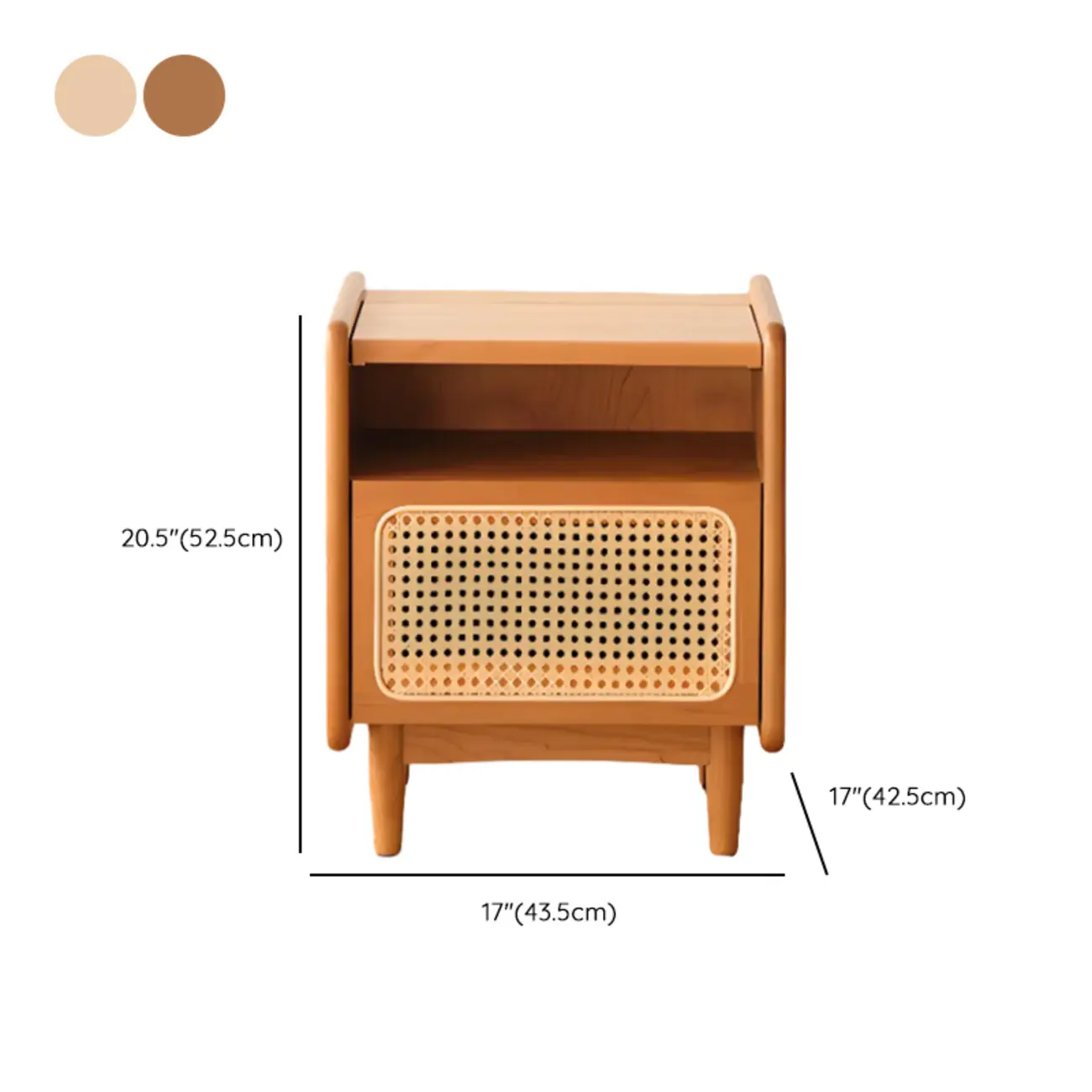 Rustic Wood Bedside Table with Rattan Drawer and Open Storage #size