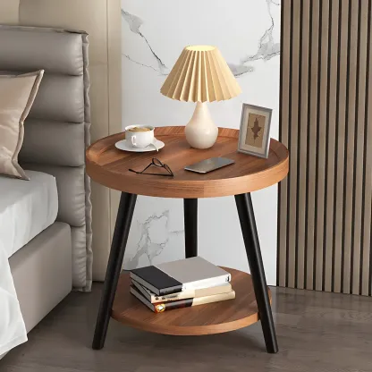 Natural Wooden Round Bedside Table with Open Storage Image - 21