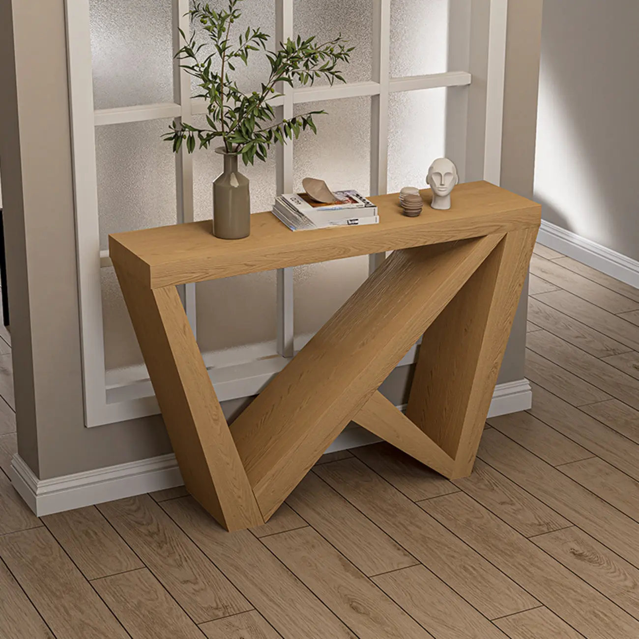 Modern Natural Wood Console Table with Geometric Base Image - 1 | homeyfad