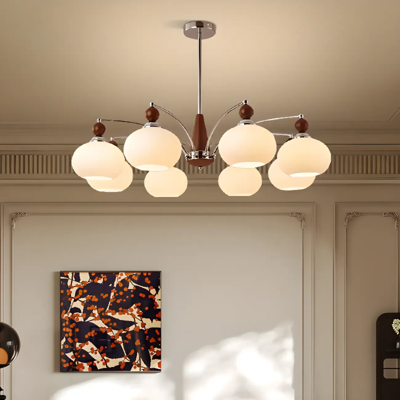 White Globe Chandelier with Glass Shades for Bedroom Image - 4