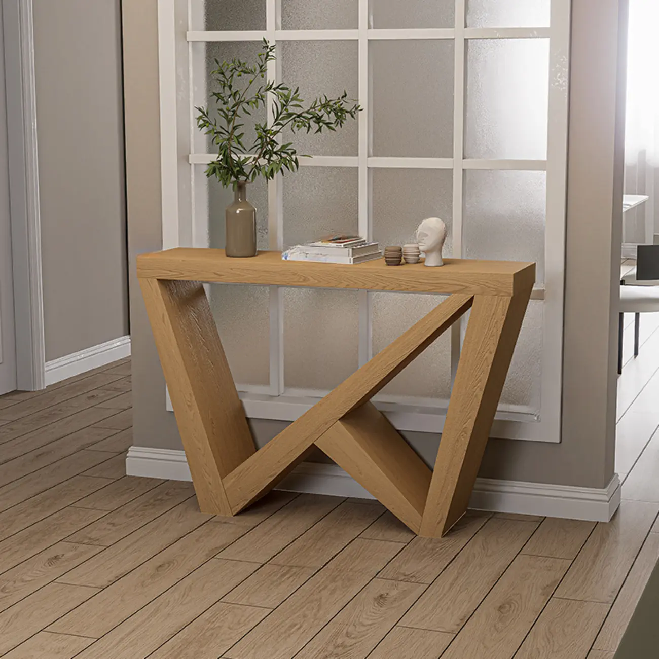 Modern Natural Wood Console Table with Geometric Base Image - 2 | homeyfad
