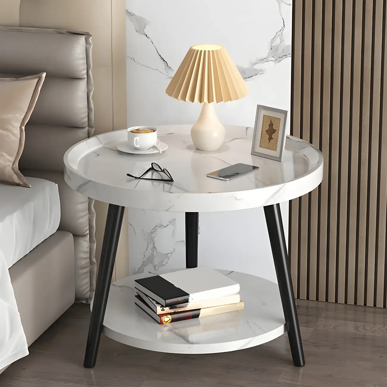 Natural Wooden Round Bedside Table with Open Storage Image - 23