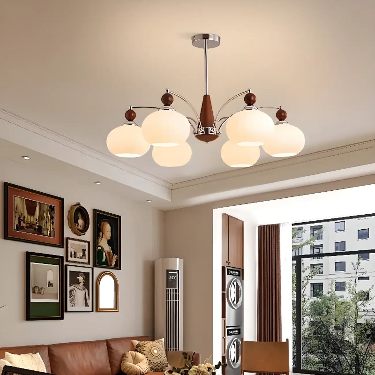 White Globe Chandelier with Glass Shades for Bedroom Image - 6