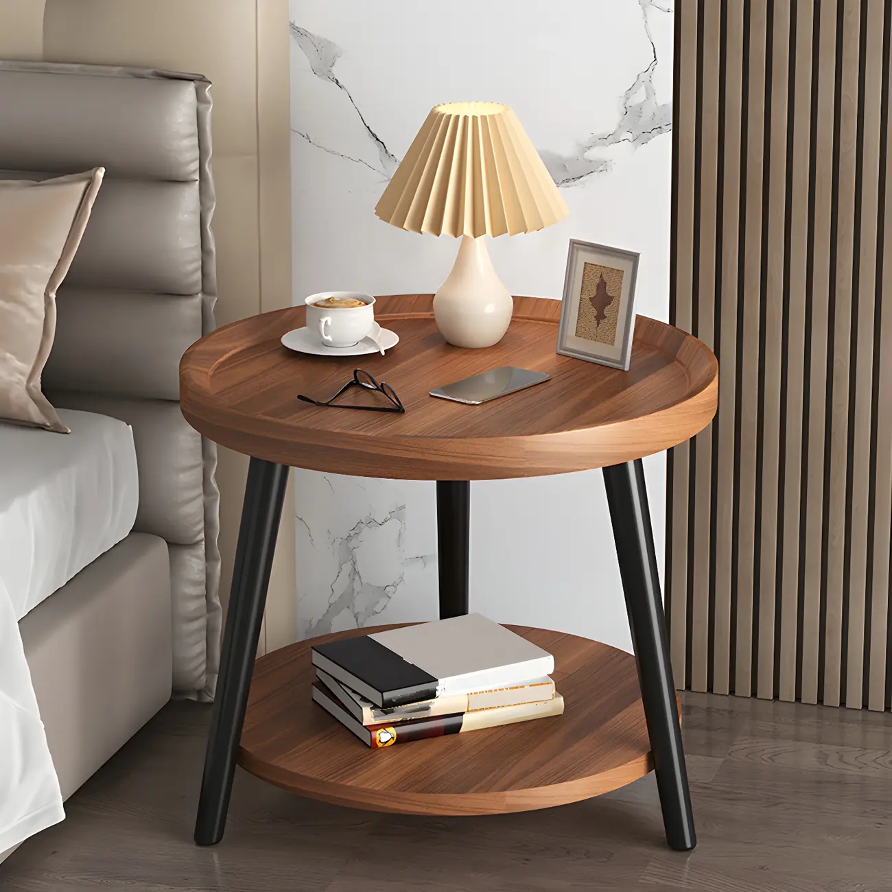 Natural Wooden Round Bedside Table with Open Storage Image - 25 | homeyfad