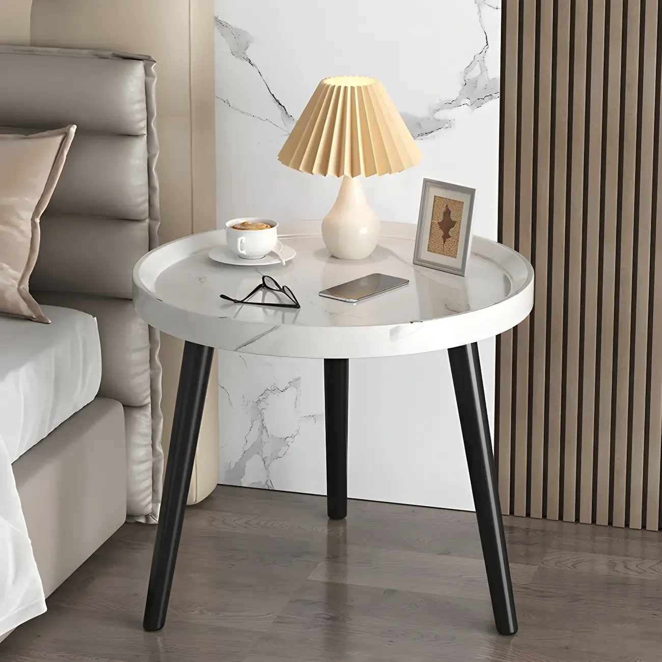 Natural Wooden Round Bedside Table with Open Storage Image - 29