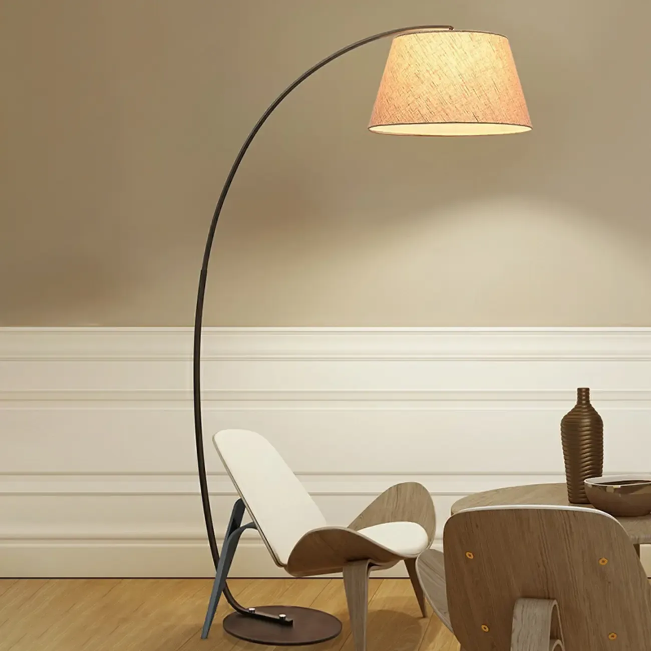 Elegant Arched Floor Lamp with White Fabric Shade for Decor Image - 1