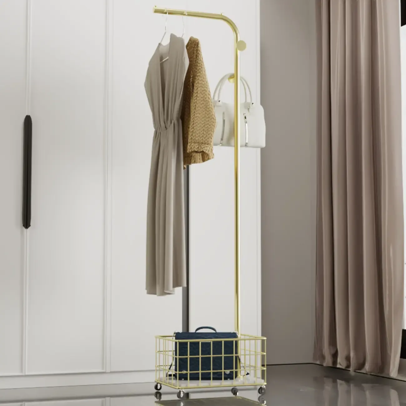 Glam Metal Coat Rack with Shelf and Basket Image - 1
