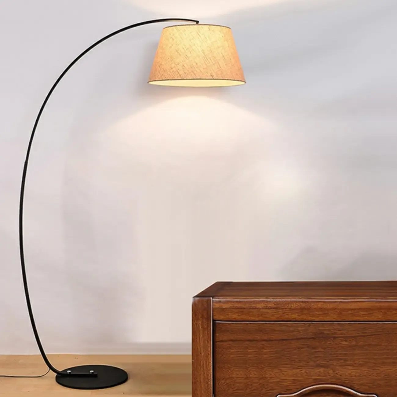Elegant Arched Floor Lamp with White Fabric Shade for Decor Image - 2