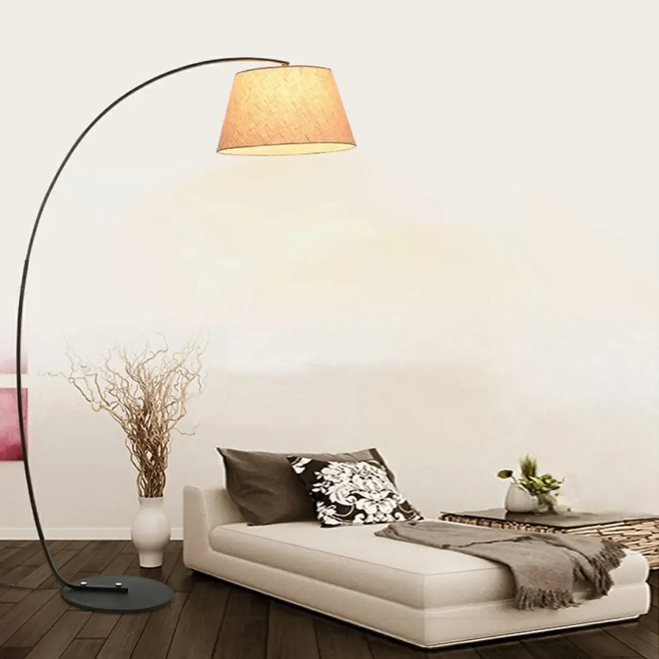 Elegant Arched Floor Lamp with White Fabric Shade for Decor Image - 3