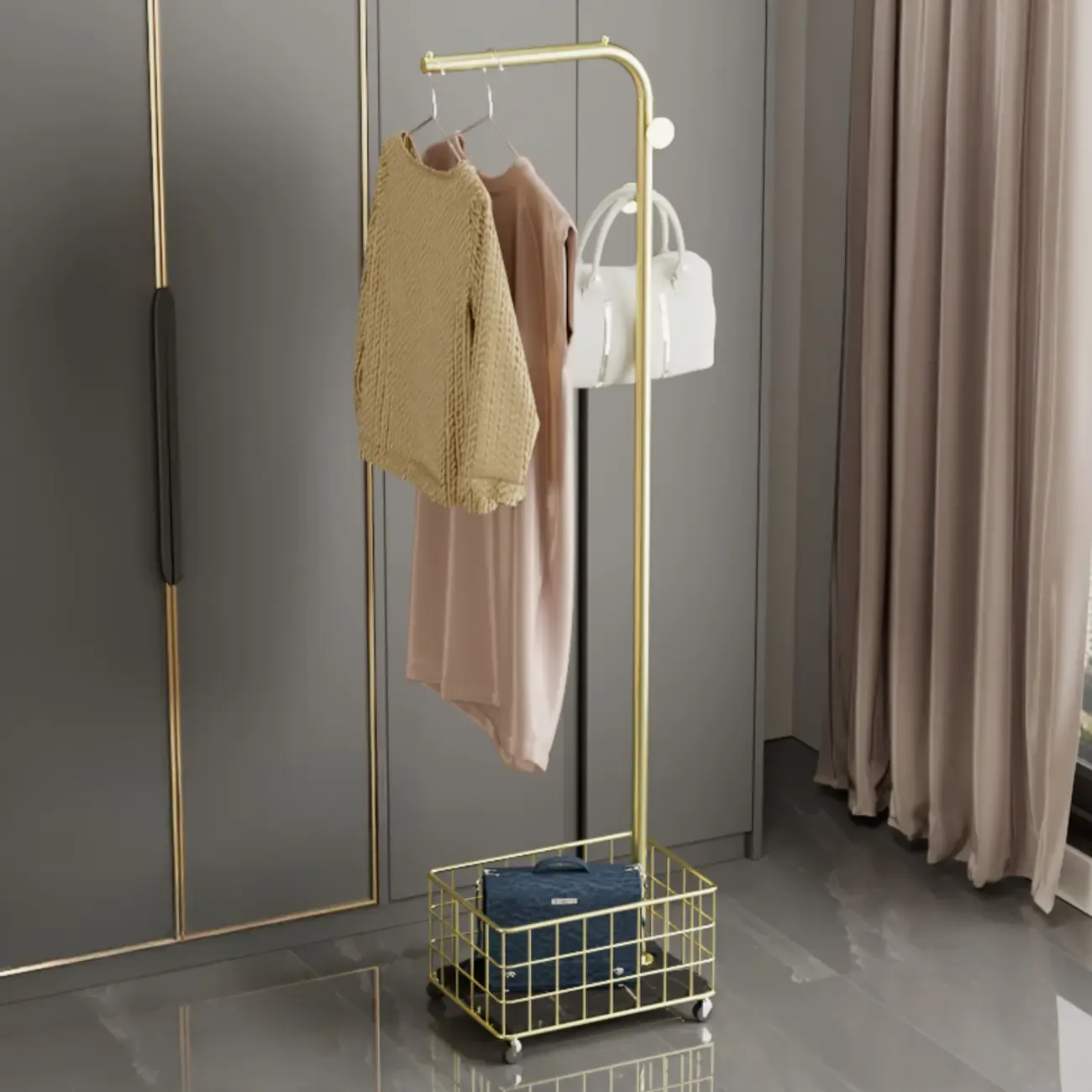 Glam Metal Coat Rack with Shelf and Basket Image - 2