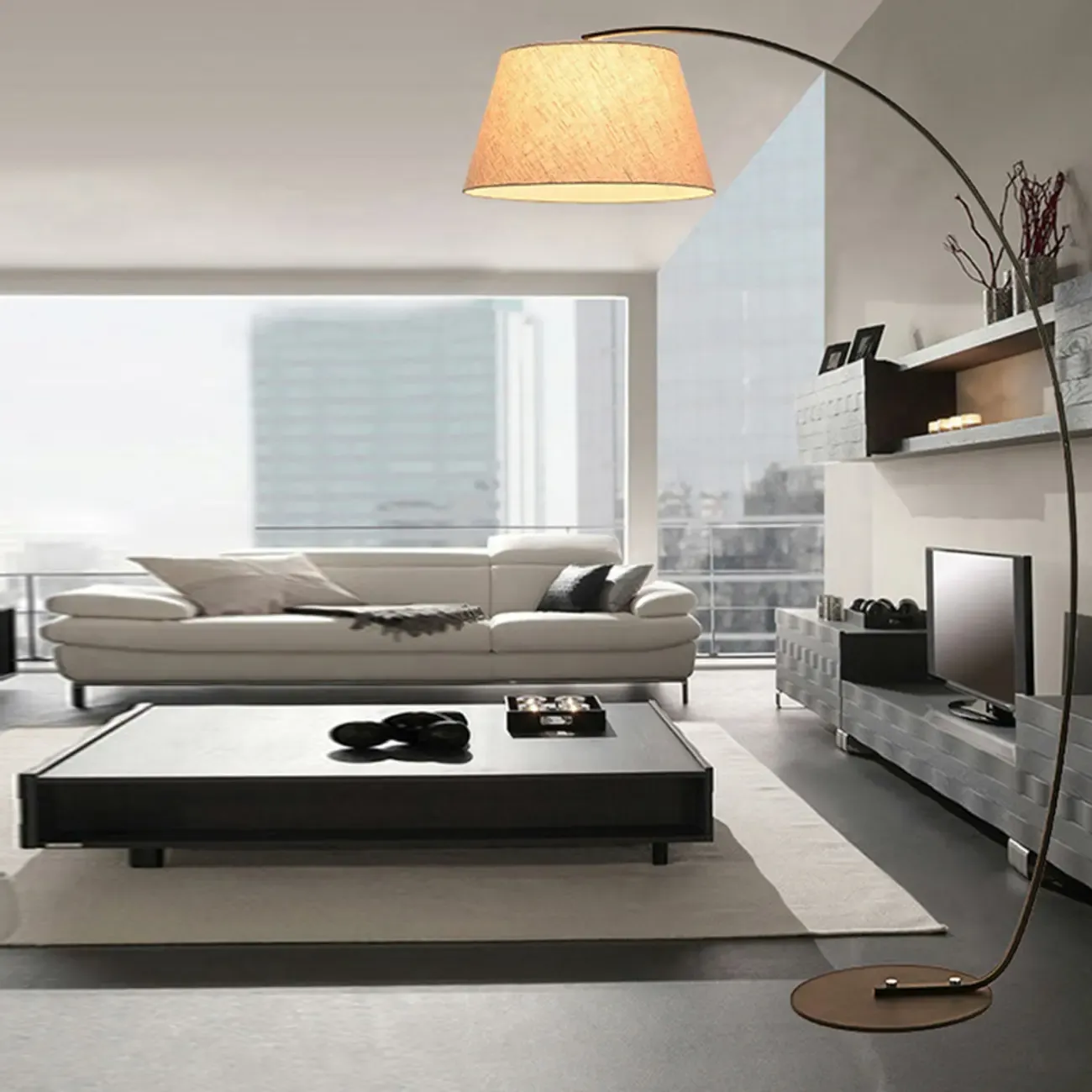 Elegant Arched Floor Lamp with White Fabric Shade for Decor Image - 4