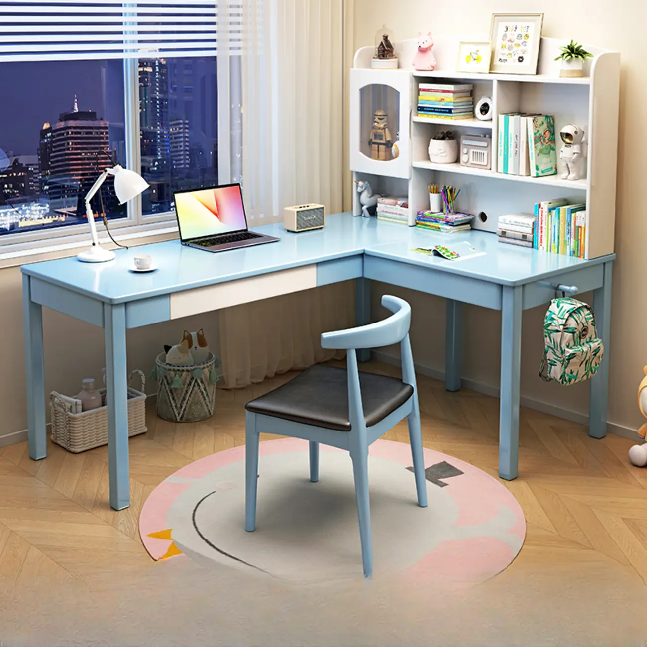 L-shaped Wooden Corner Kids Desk with Shelves and Storage HomeyFad