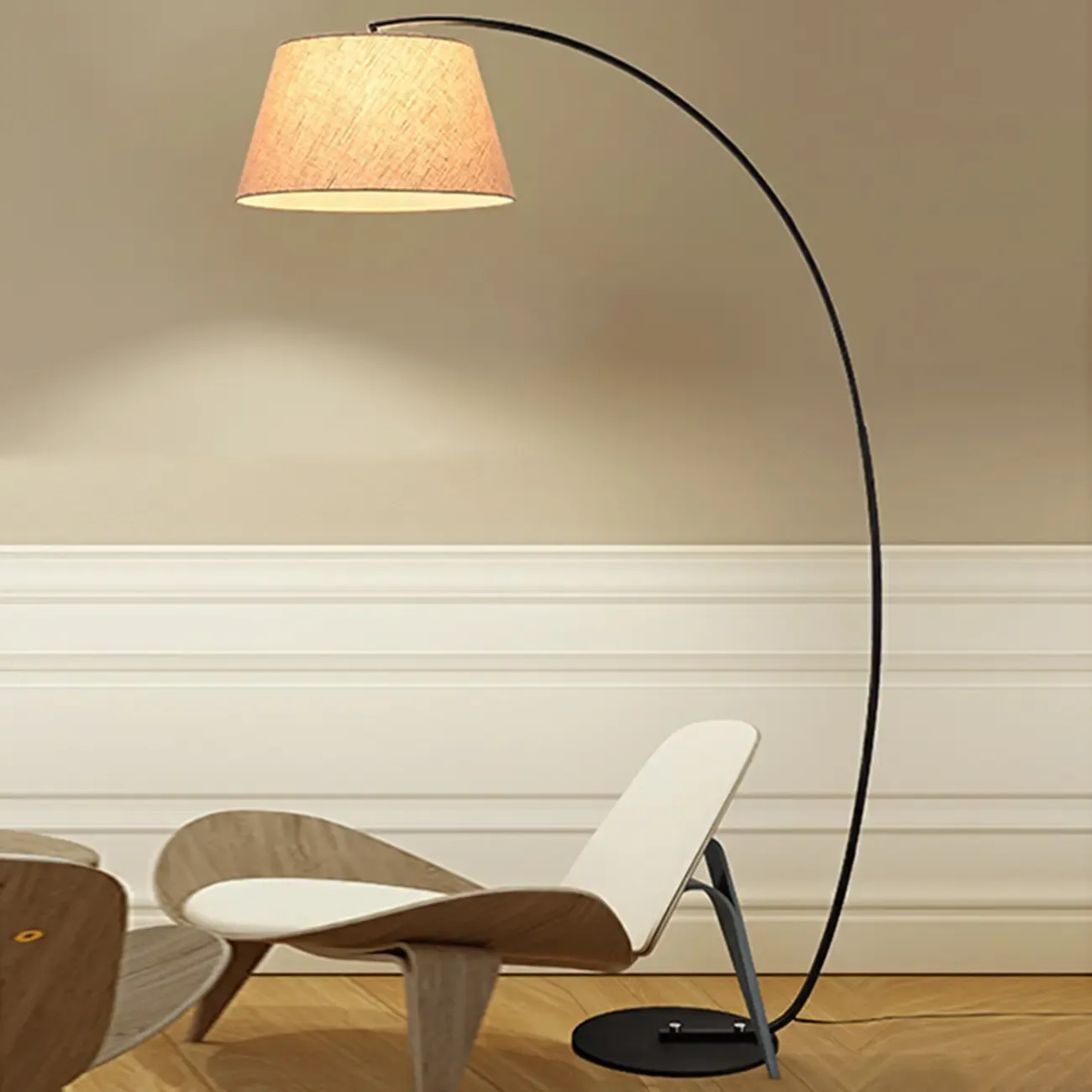 Elegant Arched Floor Lamp with White Fabric Shade for Decor Image - 6