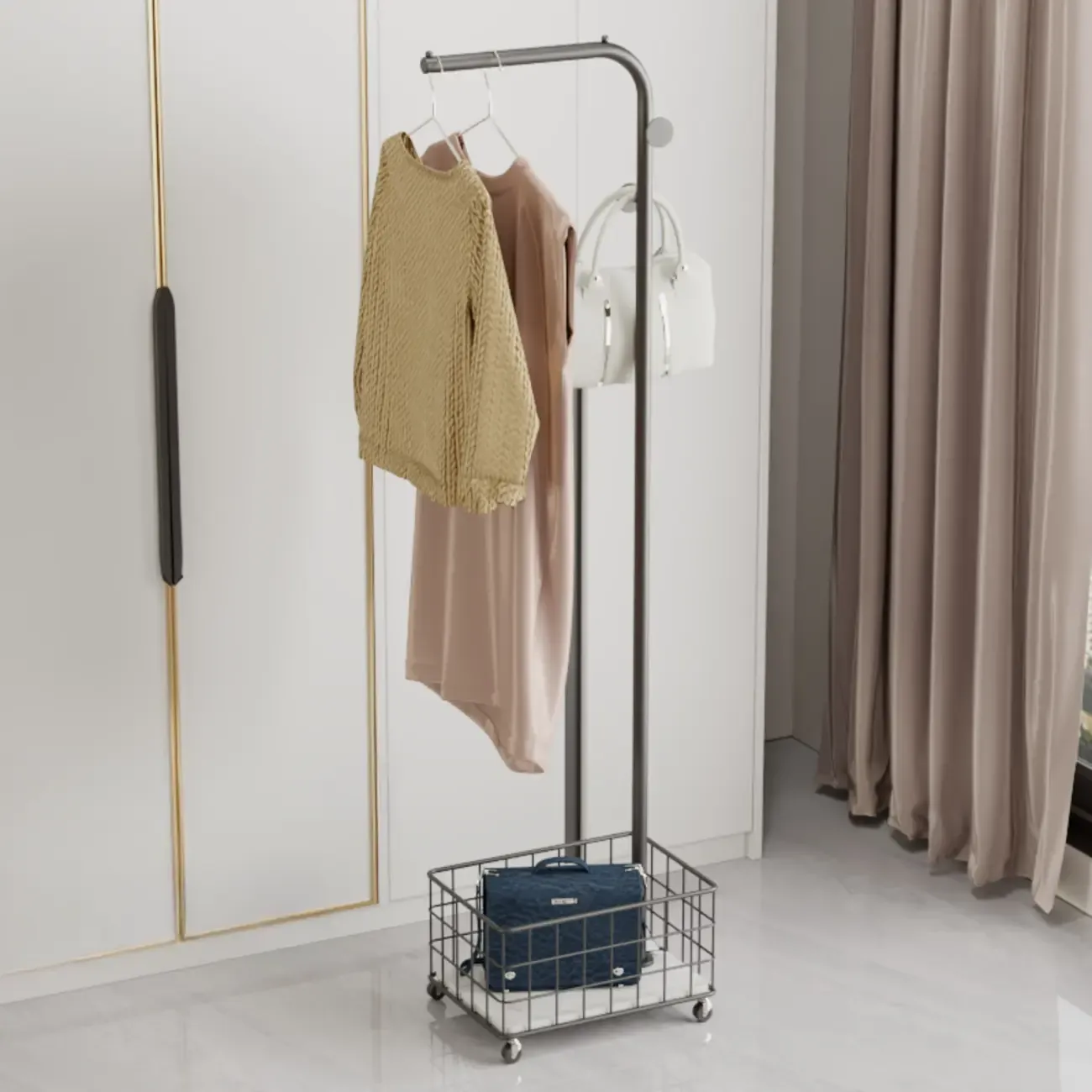 Glam Metal Coat Rack with Shelf and Basket Image - 6
