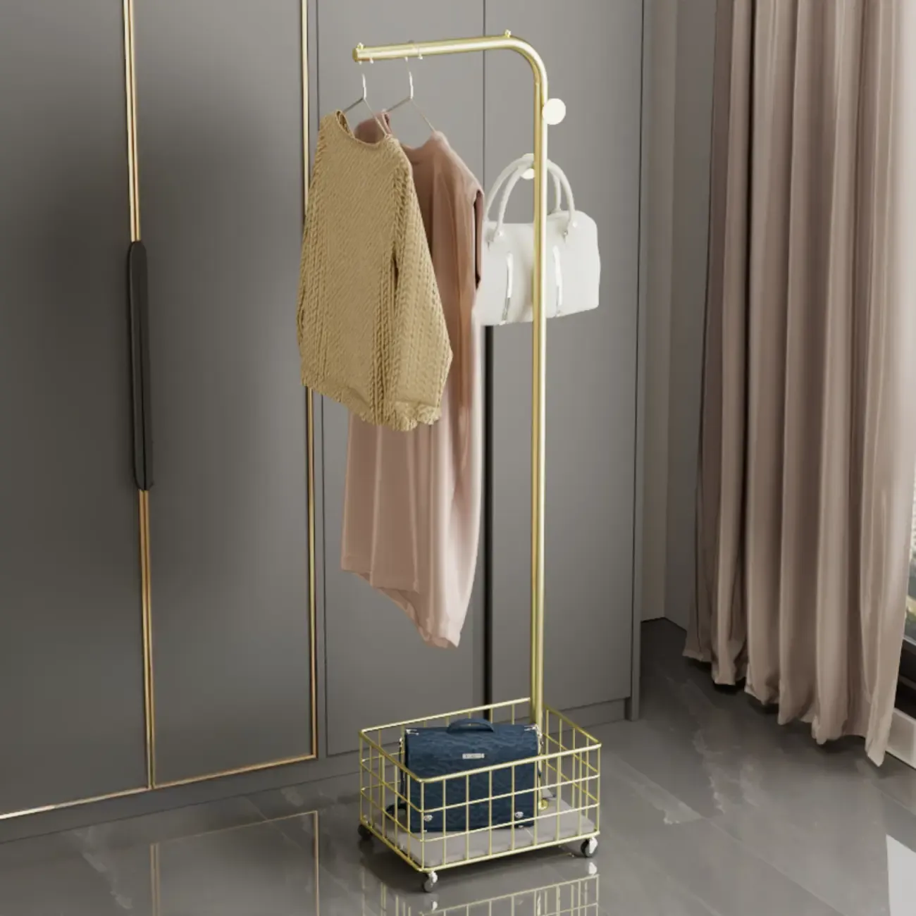Glam Metal Coat Rack with Shelf and Basket Image - 7