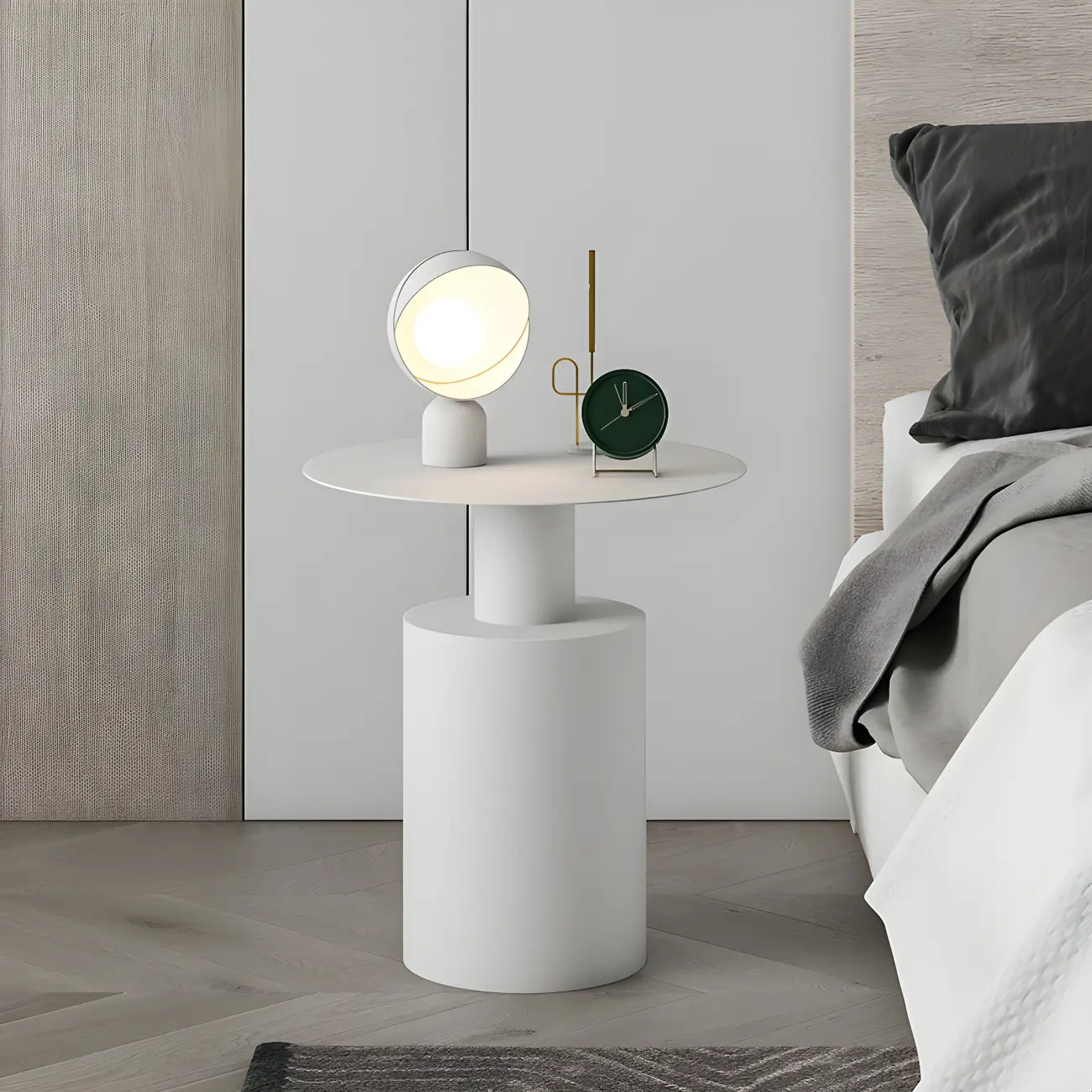 Minimalist White Metal Bedside Table in Round Shape Image - 1 | homeyfad