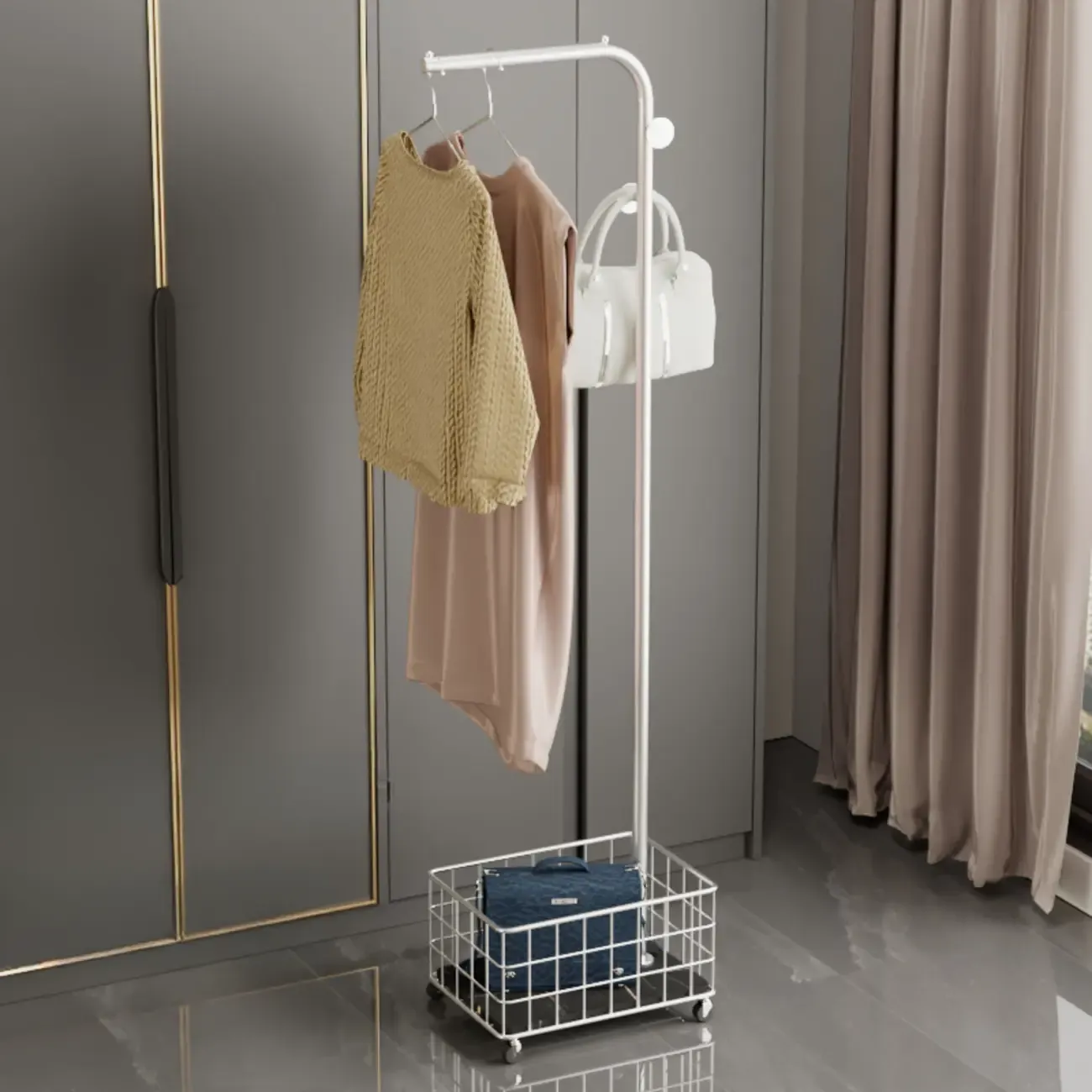 Glam Metal Coat Rack with Shelf and Basket Image - 10