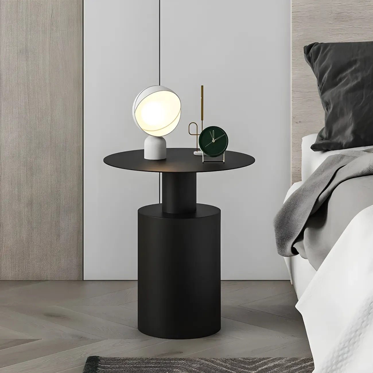 Minimalist White Metal Bedside Table in Round Shape Image - 3
