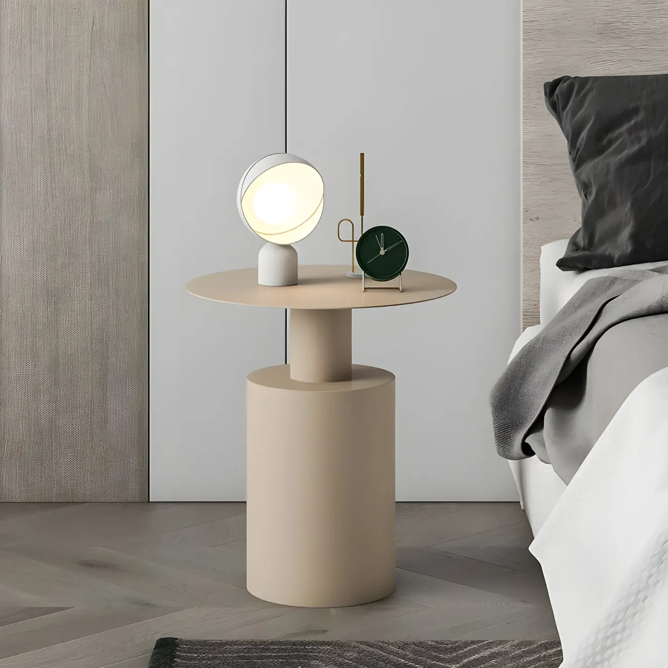 Minimalist White Metal Bedside Table in Round Shape Image - 5