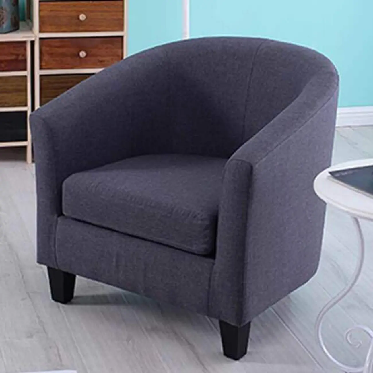 Leather/Linen Barrel Chair with One Pillow For Living Room Image - 2 | homeyfad