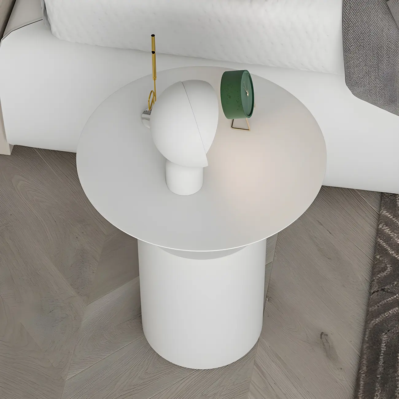 Minimalist White Metal Bedside Table in Round Shape Image - 7 | homeyfad