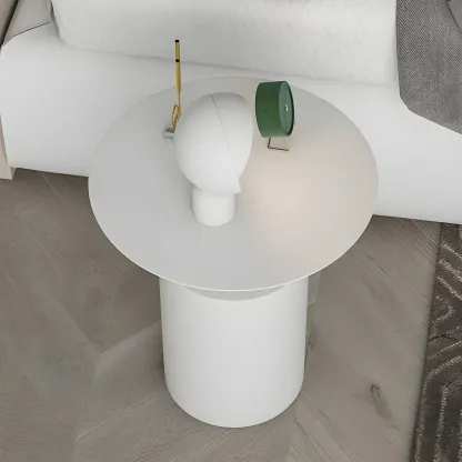 Minimalist White Metal Bedside Table in Round Shape Image - 7