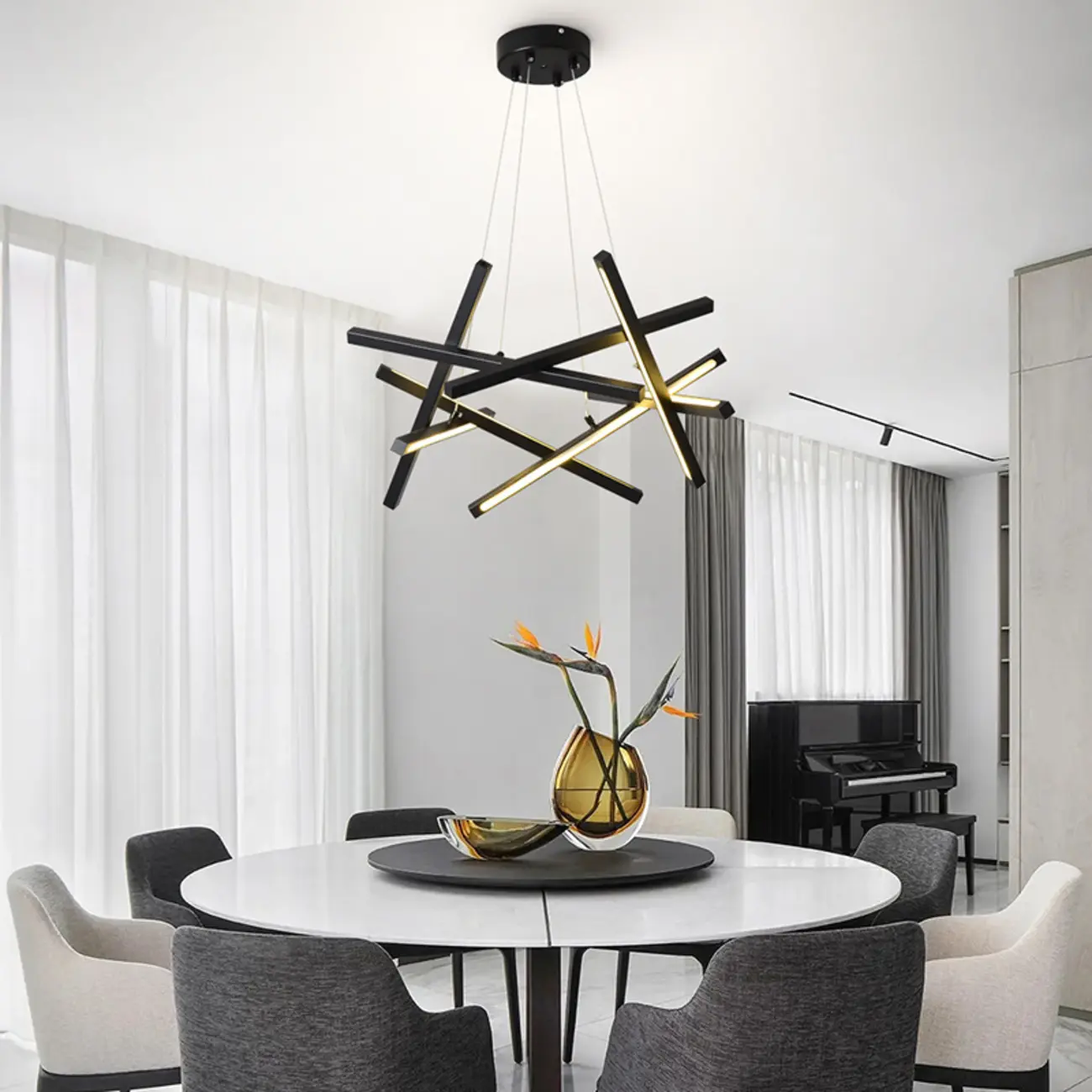 Modern Linear LED Chandelier with Geometric Metal Design Image - 1 | homeyfad