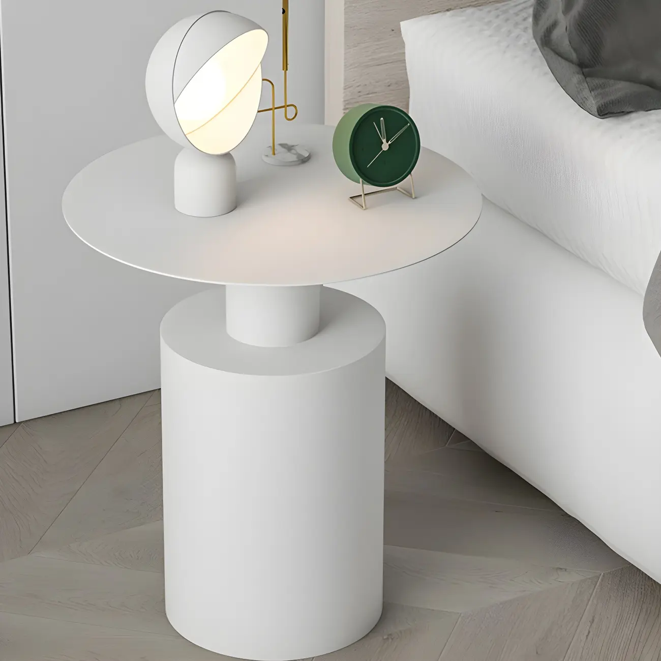 Minimalist White Metal Bedside Table in Round Shape Image - 13 | homeyfad
