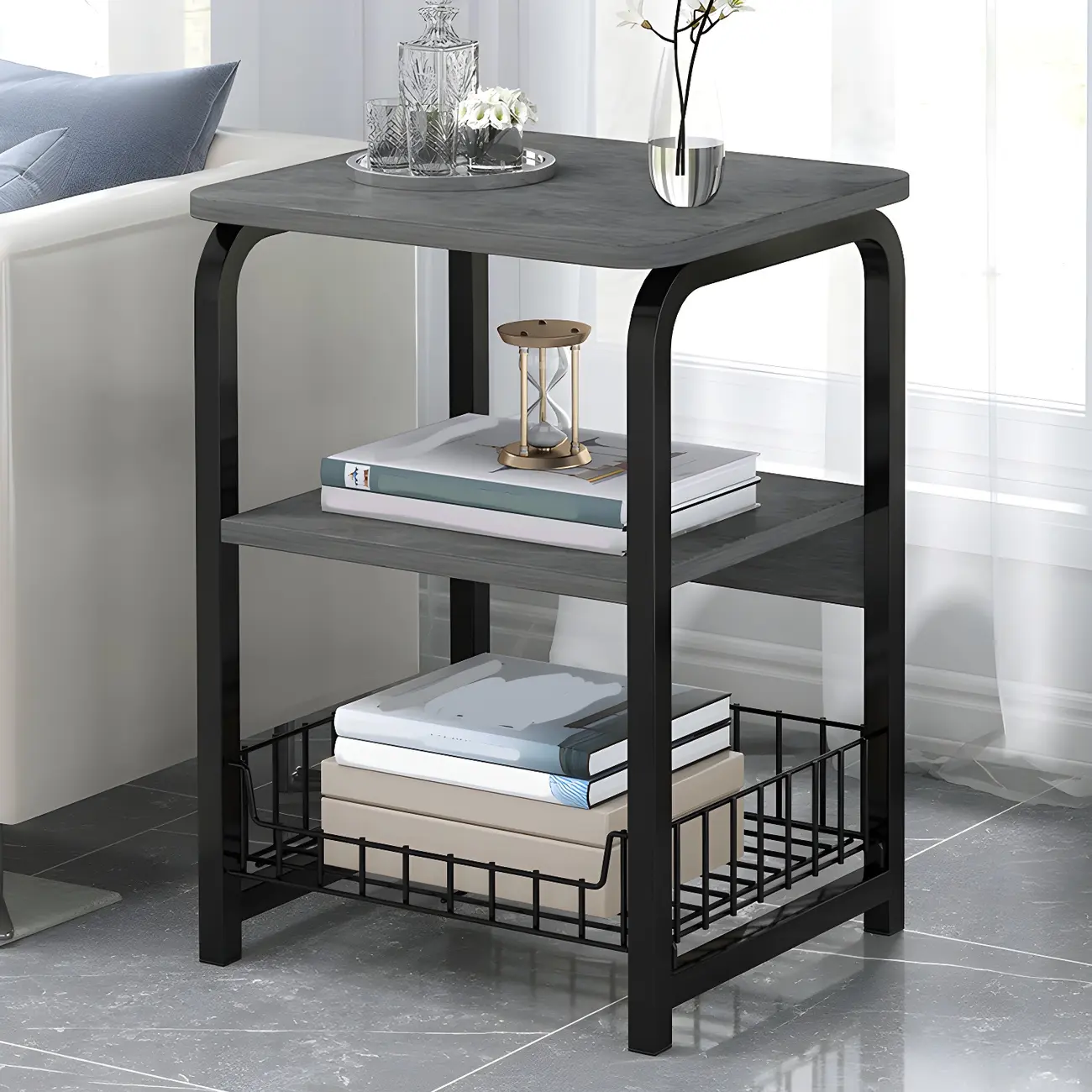 Wooden Bedside Table Metal Frame in Grey with Open Shelves Image - 1 | homeyfad
