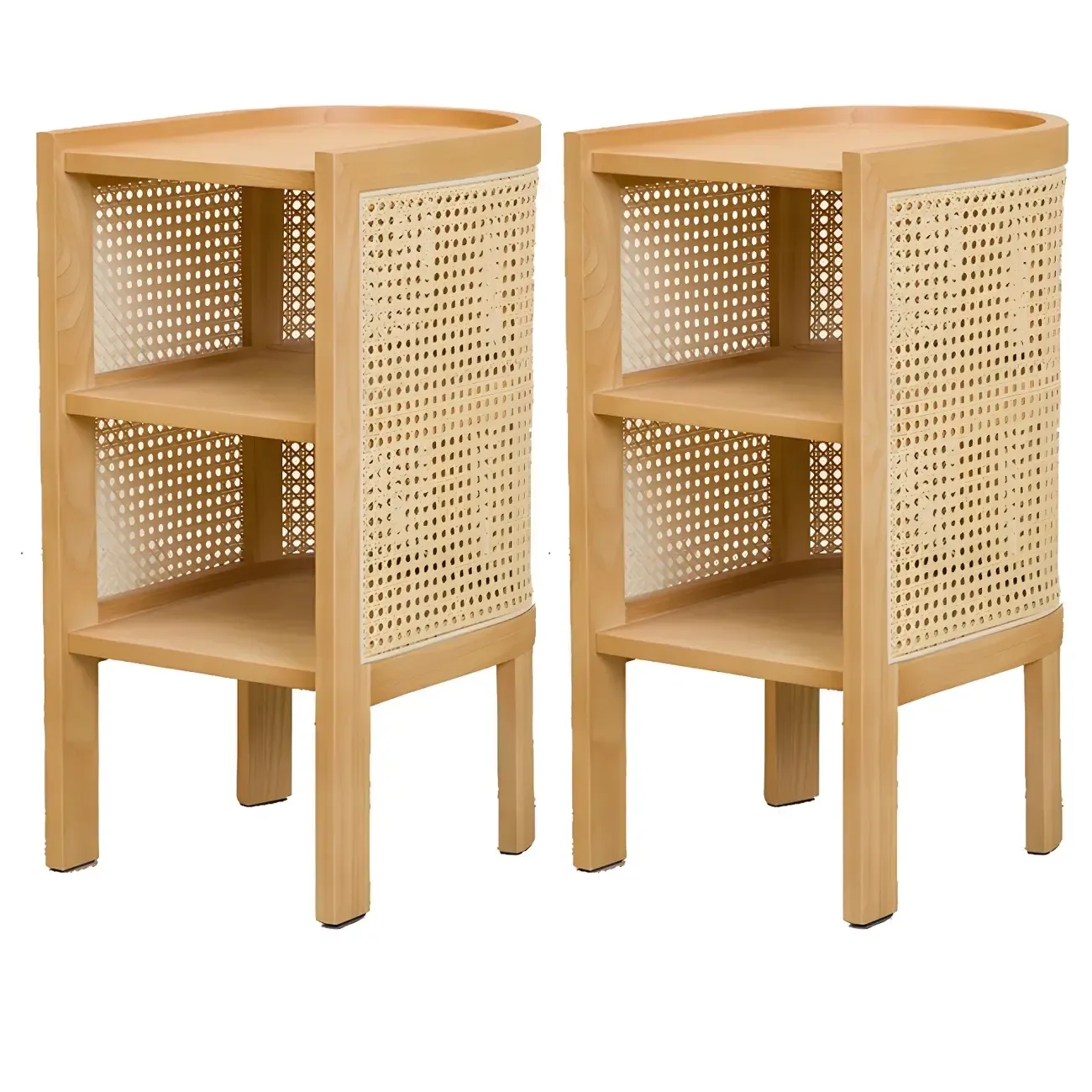 Rustic Natural Wooden Bedside Table with Open Storage Shelves Image - 7