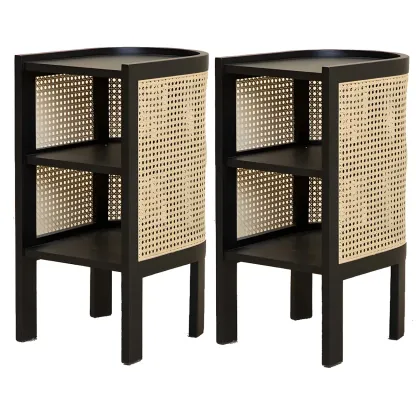 Rustic Natural Wooden Bedside Table with Open Storage Shelves Image - 8