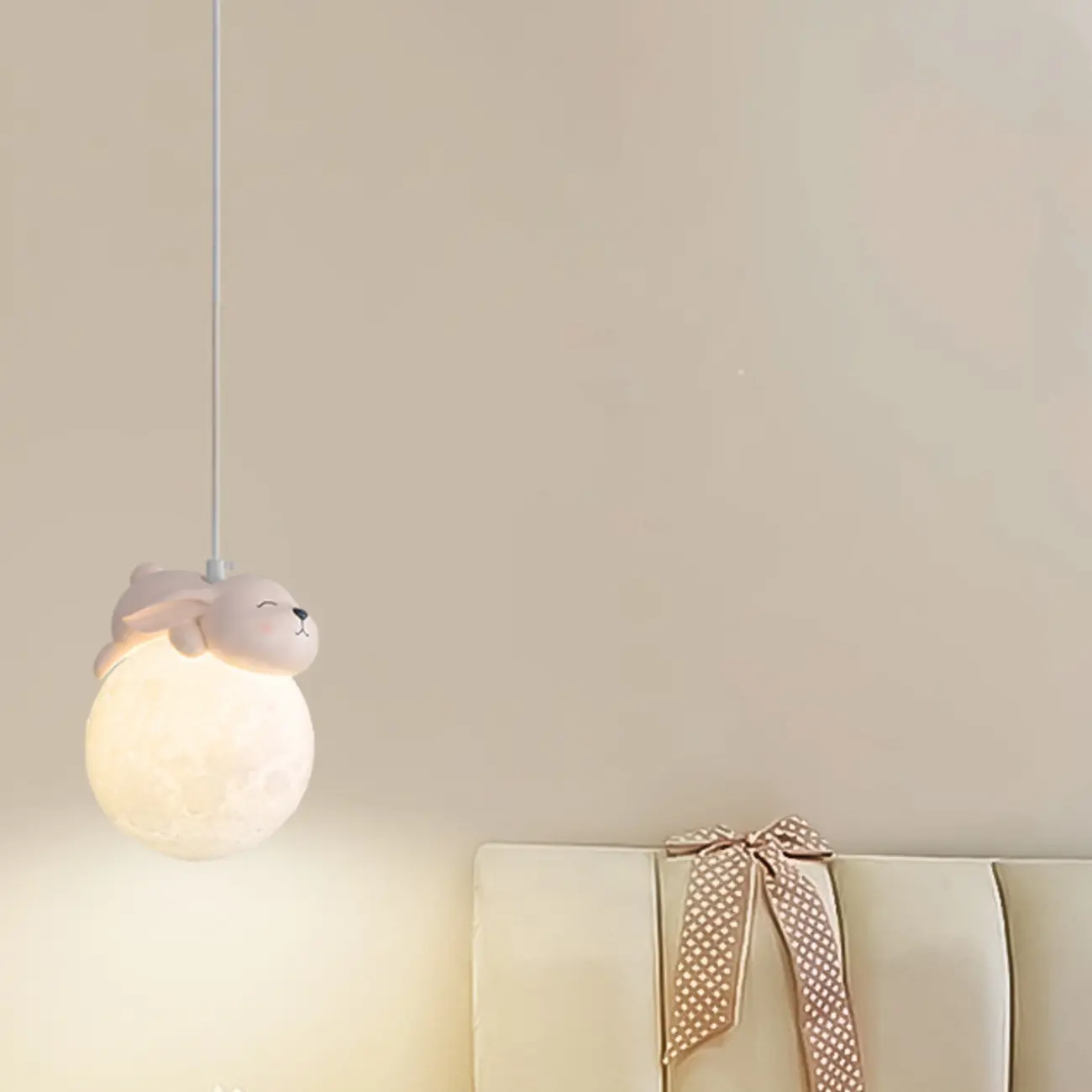 Kids Dimmable 3D Moon Pendant Light with Rabbit for Bedroom Image - 1 | homeyfad