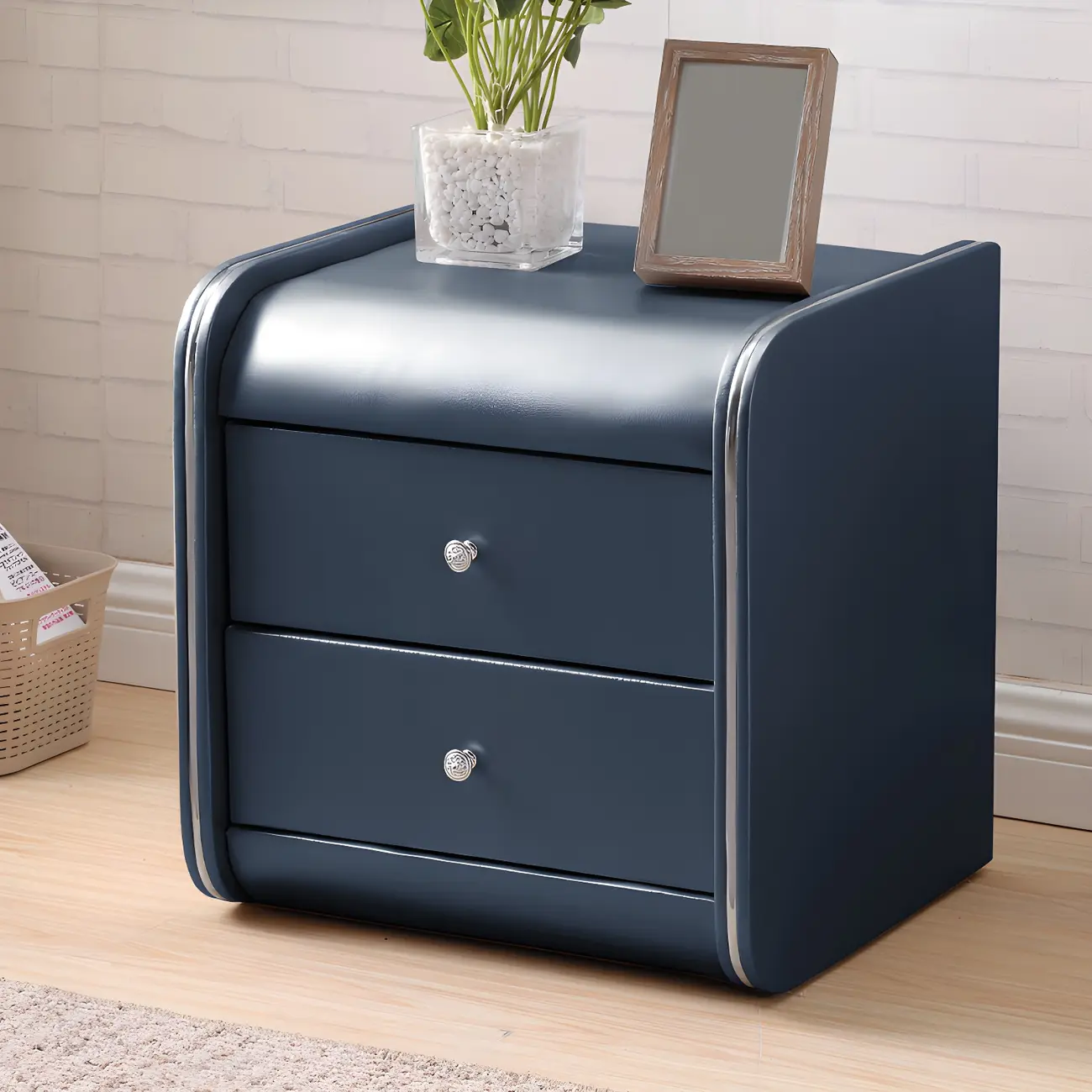 Stylish Leather Round Edge Bedside Table with 2 Drawers in Blue Image - 3 | homeyfad