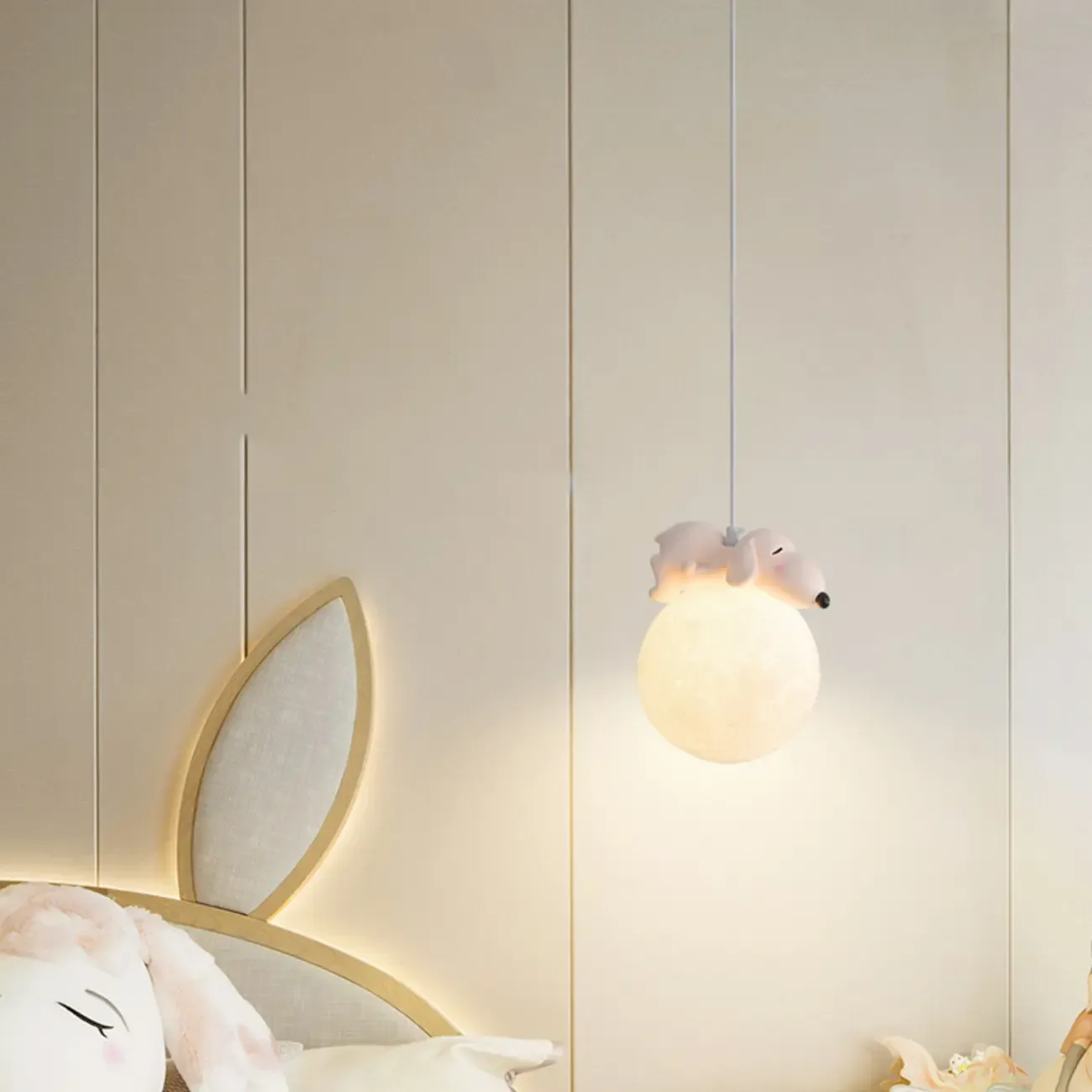 Kids Dimmable 3D Moon Pendant Light with Rabbit for Bedroom Image - 4
