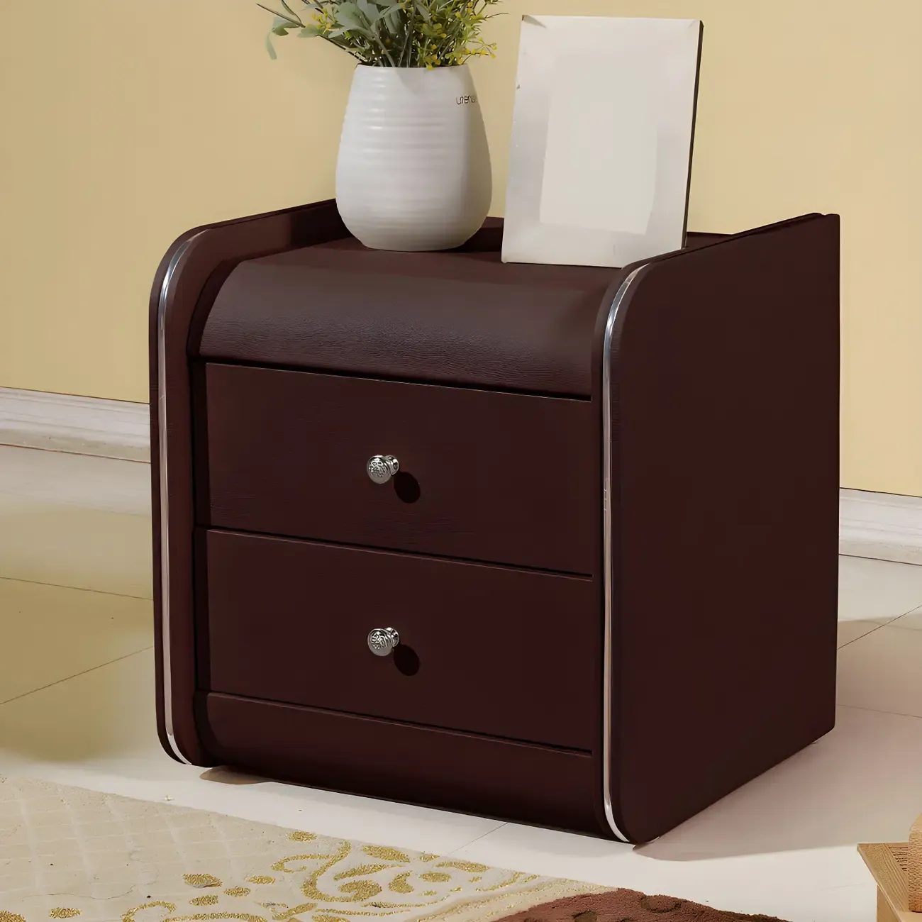 Stylish Leather Round Edge Bedside Table with 2 Drawers in Blue Image - 2