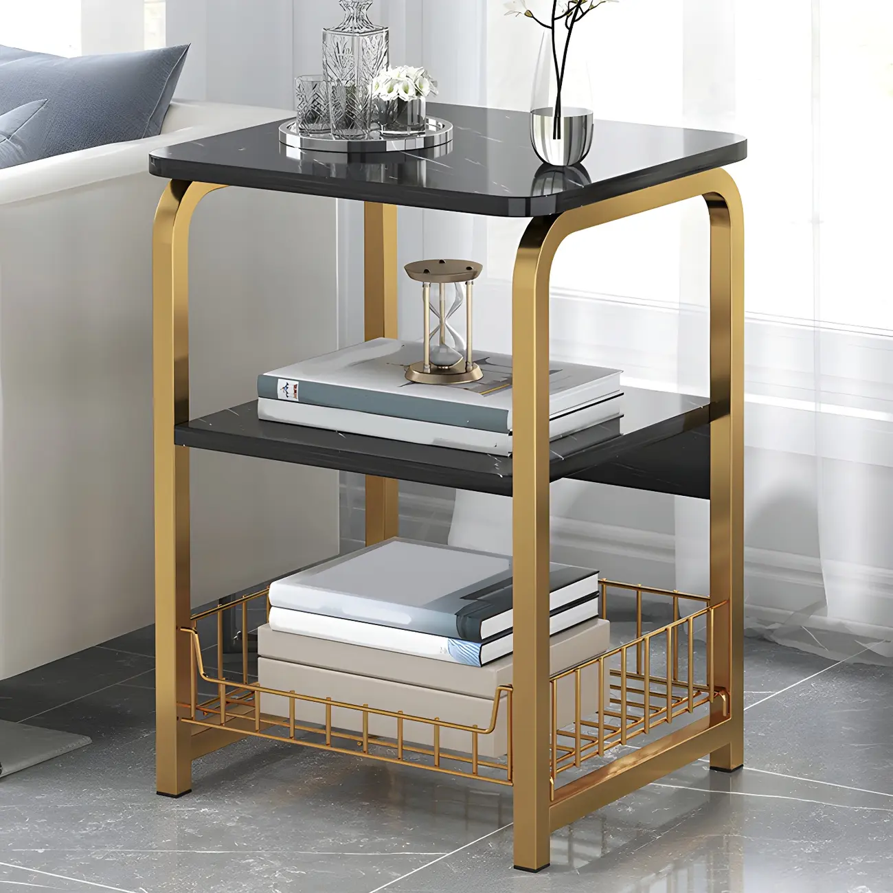 Wooden Bedside Table Metal Frame in Grey with Open Shelves Image - 2 | homeyfad