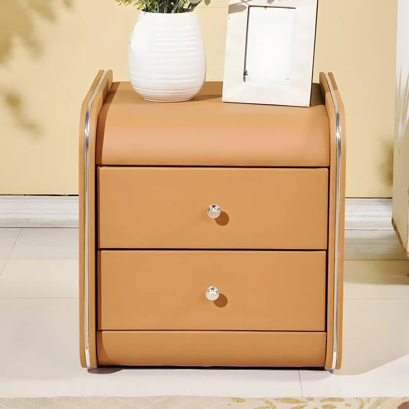 Stylish Leather Round Edge Bedside Table with 2 Drawers in Blue Image - 1