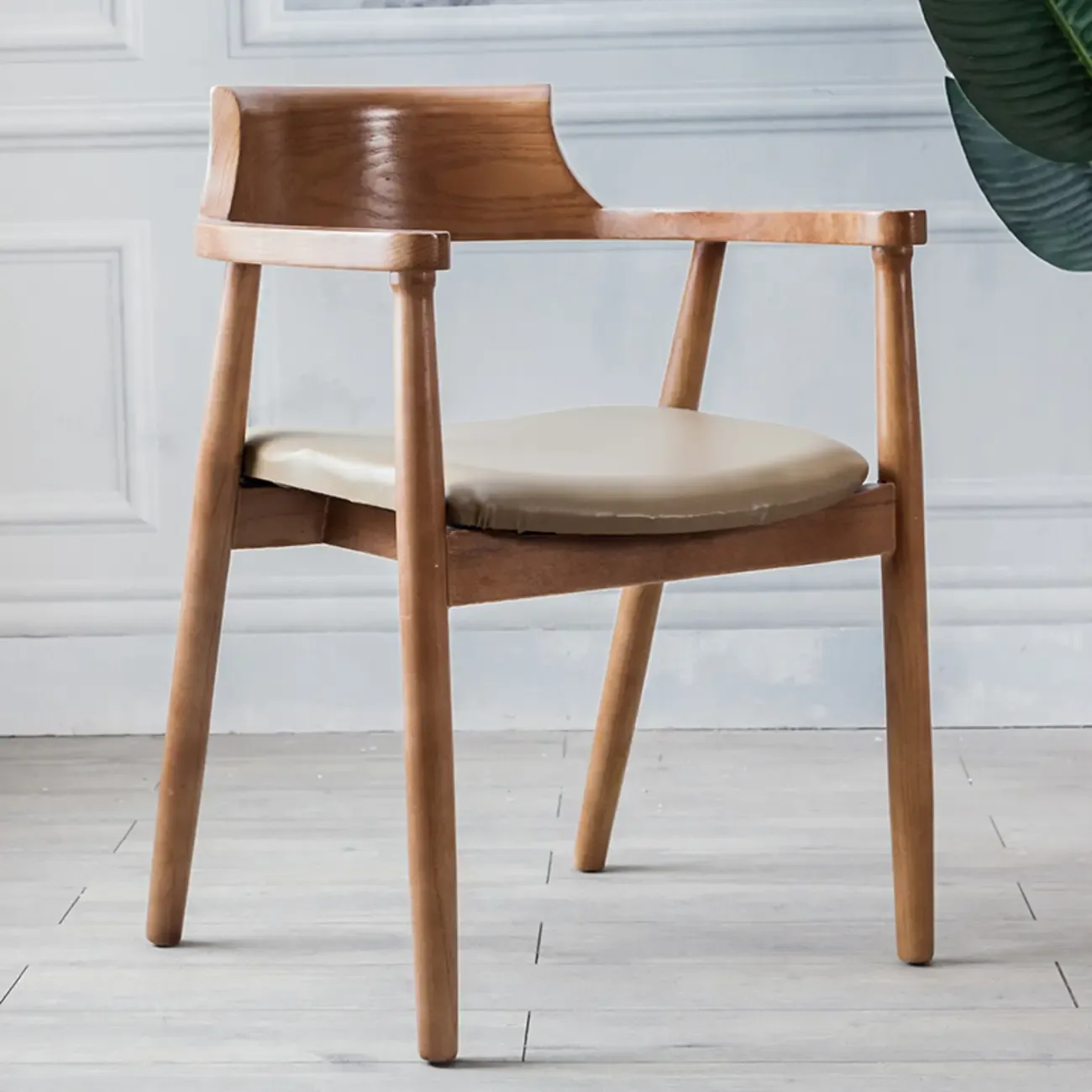 Simplistic Leather Upholstered Dining Chair Wooden with Armrest Image - 1